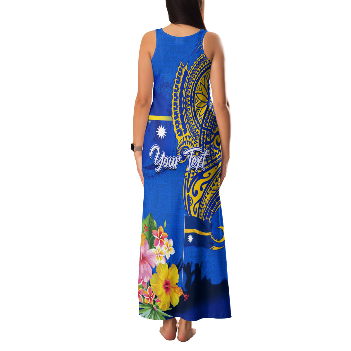 Personalised Nauru Independence Day Family Matching Tank Maxi Dress and Hawaiian Shirt Nauruan Tribal Flag Style LT03 - Polynesian Pride
