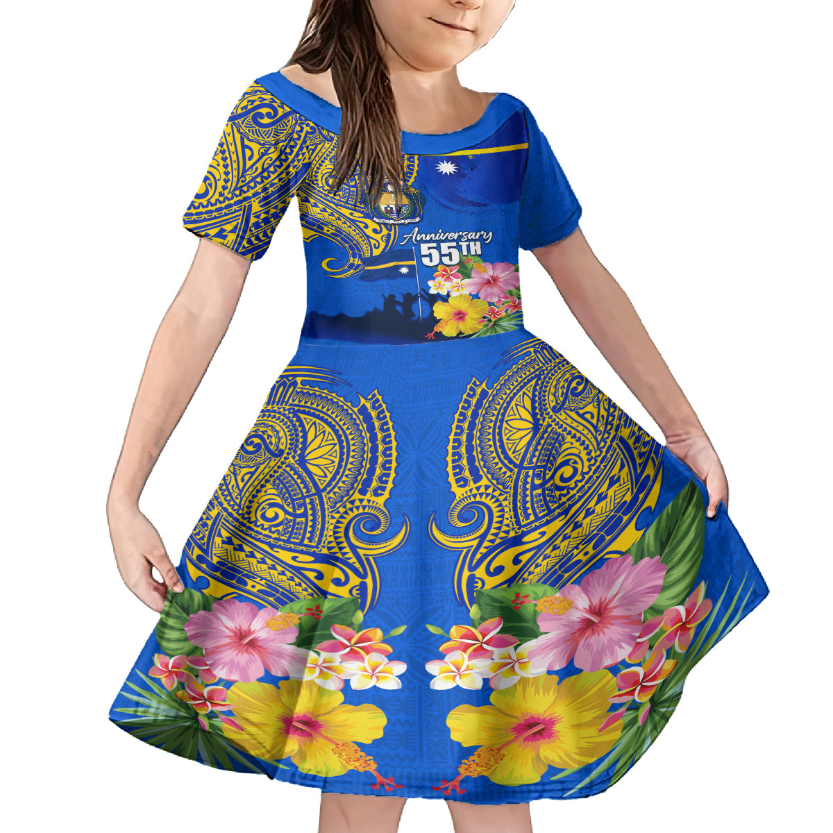 Personalised Nauru Independence Day Kid Short Sleeve Dress Nauruan Tribal Flag Style LT03 KID Blue - Polynesian Pride