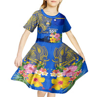 Personalised Nauru Independence Day Kid Short Sleeve Dress Nauruan Tribal Flag Style LT03 - Polynesian Pride