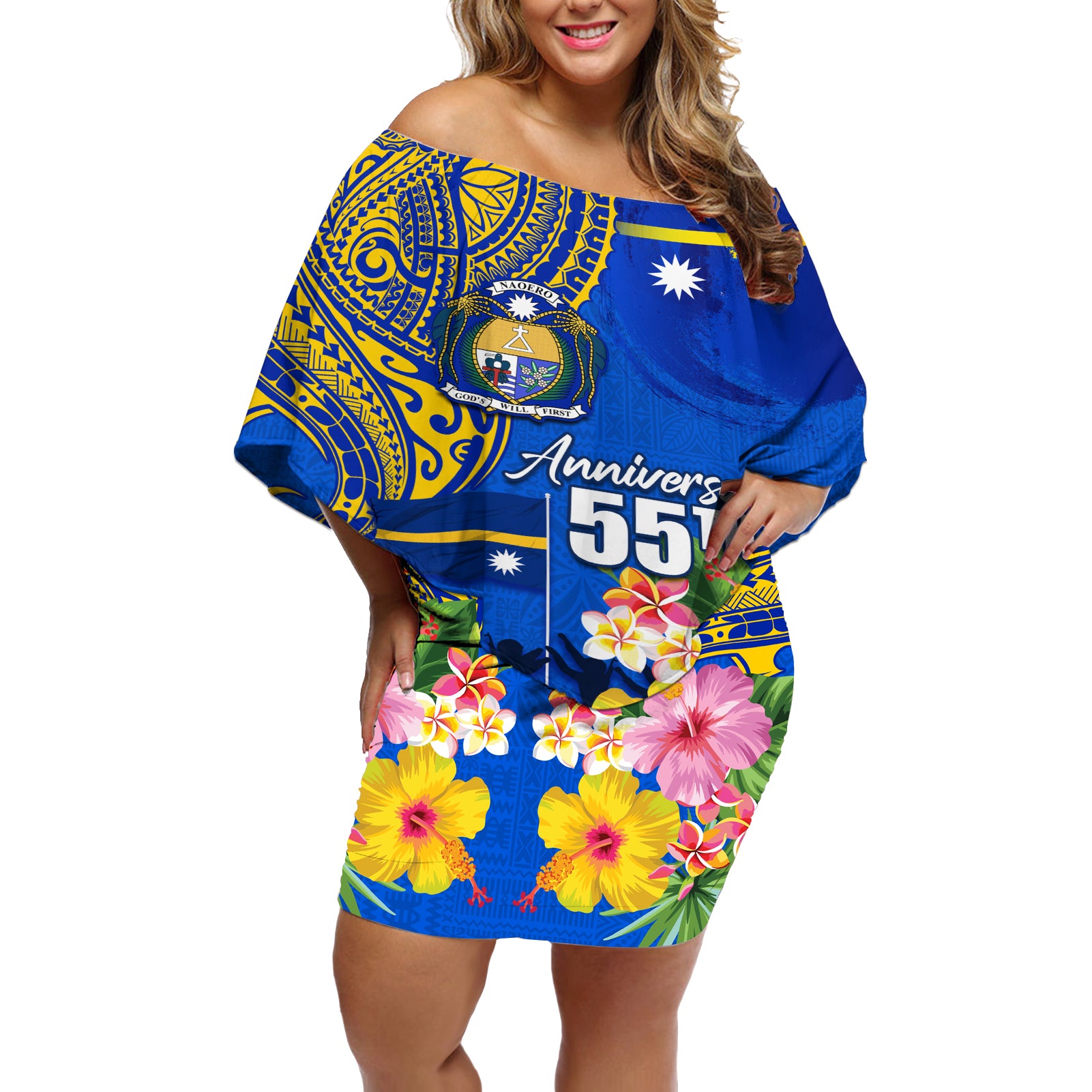 Personalised Nauru Independence Day Off Shoulder Short Dress Nauruan Tribal Flag Style LT03 Women Blue - Polynesian Pride