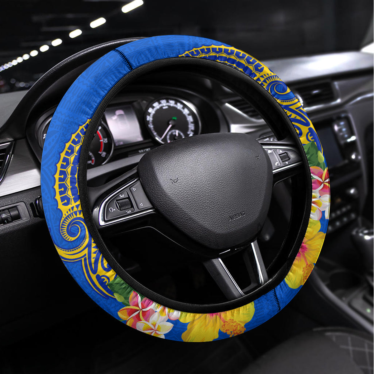 Personalised Nauru Independence Day Steering Wheel Cover Nauruan Tribal Flag Style LT03 Universal Fit Blue - Polynesian Pride