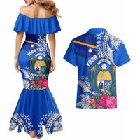 Personalised Nauru Coat of Arms Couples Matching Mermaid Dress and Hawaiian Shirt Tropical Flower Polynesian Pattern LT03 - Polynesian Pride