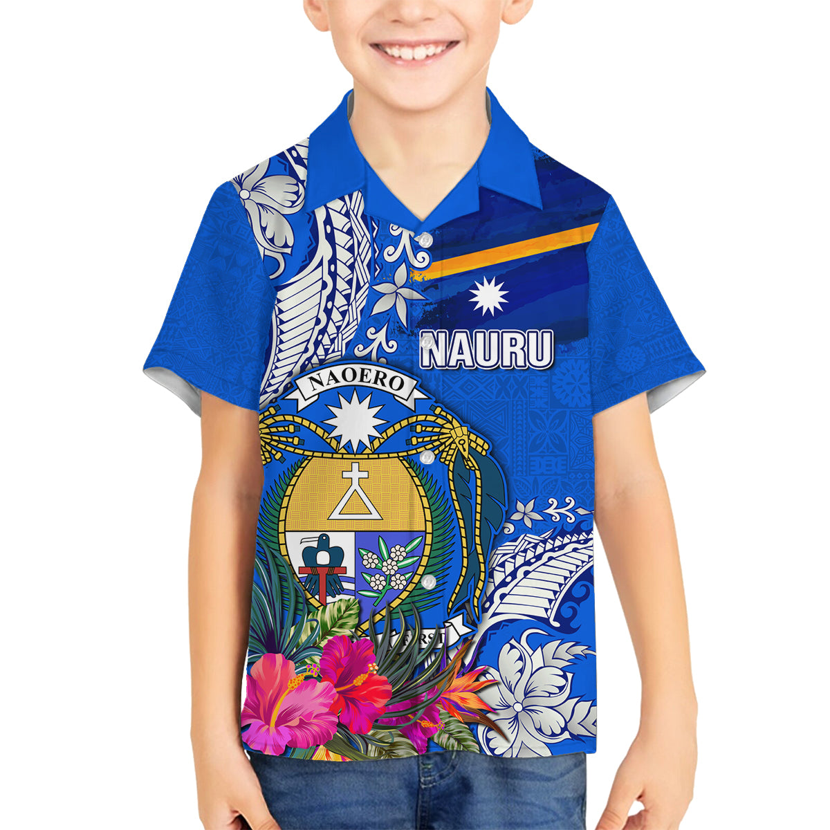 Personalised Nauru Coat of Arms Family Matching Off Shoulder Maxi Dress and Hawaiian Shirt Tropical Flower Polynesian Pattern LT03 Son's Shirt Blue - Polynesian Pride