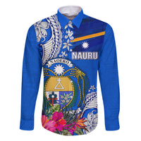 Personalised Nauru Coat of Arms Family Matching Off Shoulder Short Dress and Hawaiian Shirt Tropical Flower Polynesian Pattern LT03 Dad's Shirt - Long Sleeve Blue - Polynesian Pride