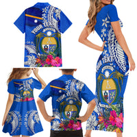 Personalised Nauru Coat of Arms Family Matching Short Sleeve Bodycon Dress and Hawaiian Shirt Tropical Flower Polynesian Pattern LT03 - Polynesian Pride