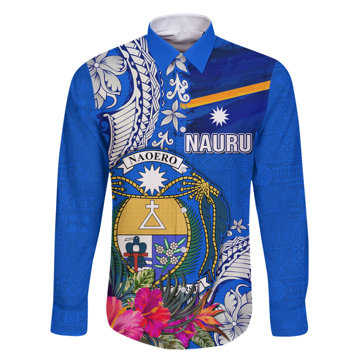Personalised Nauru Coat of Arms Family Matching Short Sleeve Bodycon Dress and Hawaiian Shirt Tropical Flower Polynesian Pattern LT03 Dad's Shirt - Long Sleeve Blue - Polynesian Pride