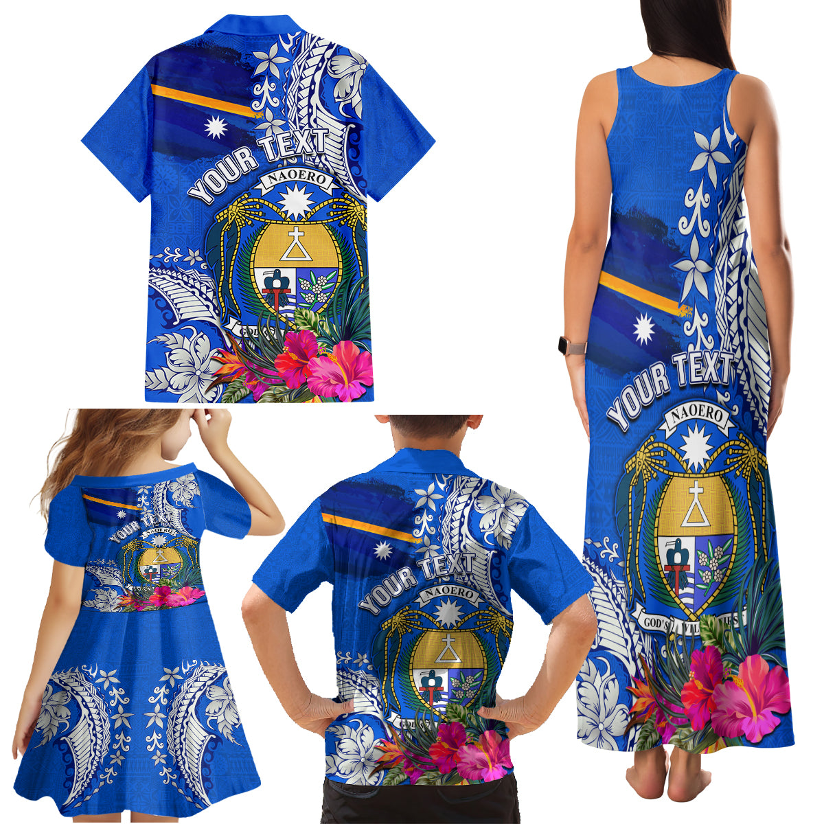Personalised Nauru Coat of Arms Family Matching Tank Maxi Dress and Hawaiian Shirt Tropical Flower Polynesian Pattern LT03 - Polynesian Pride