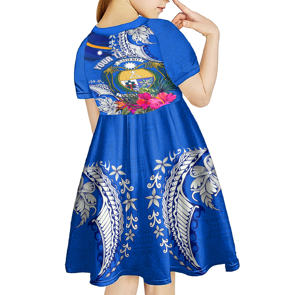 Personalised Nauru Coat of Arms Kid Short Sleeve Dress Tropical Flower Polynesian Pattern LT03 - Polynesian Pride