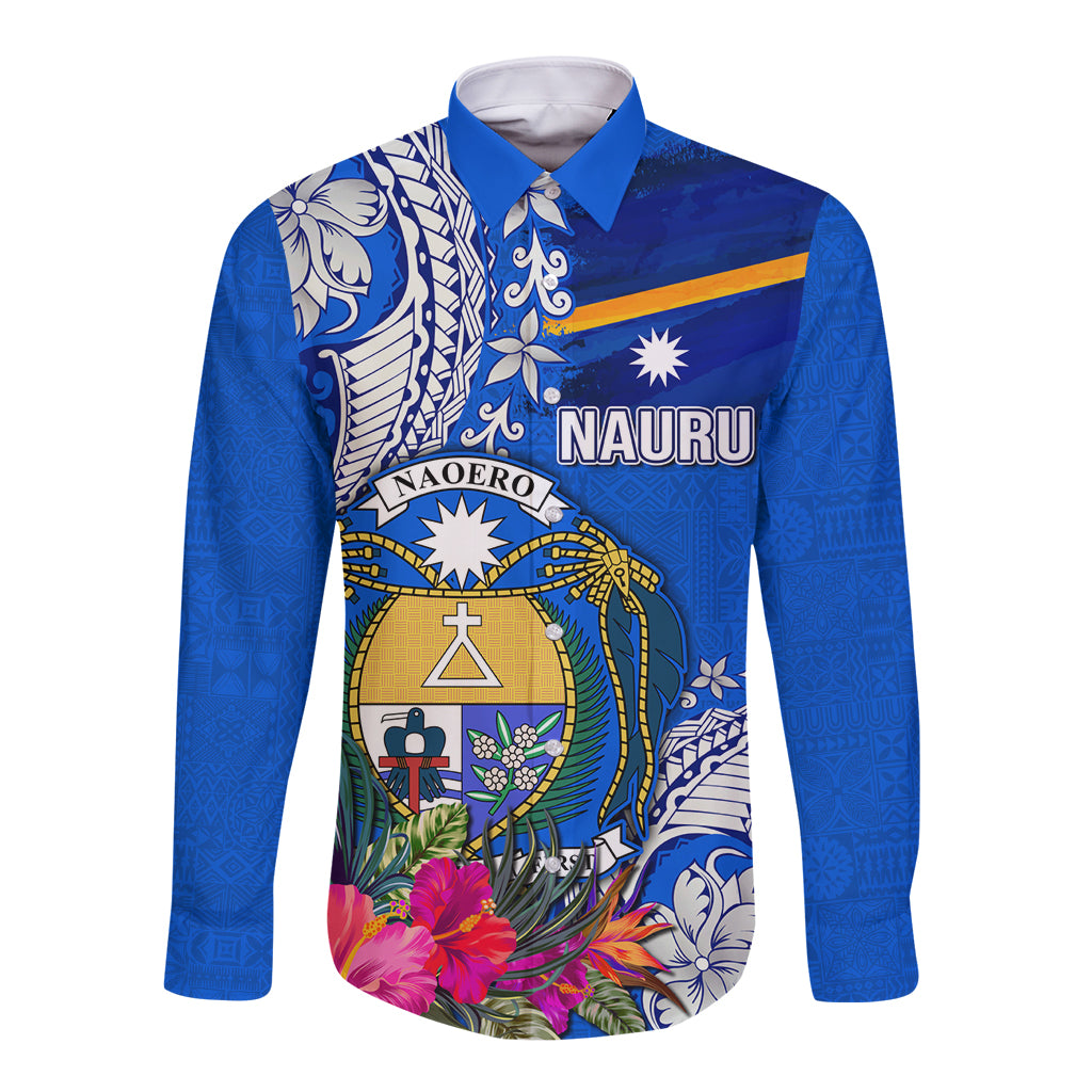 Personalised Nauru Coat of Arms Long Sleeve Button Shirt Tropical Flower Polynesian Pattern LT03 Unisex Blue - Polynesian Pride