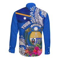 Personalised Nauru Coat of Arms Long Sleeve Button Shirt Tropical Flower Polynesian Pattern LT03 - Polynesian Pride