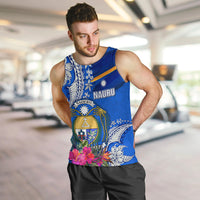 Personalised Nauru Coat of Arms Men Tank Top Tropical Flower Polynesian Pattern LT03 Blue - Polynesian Pride