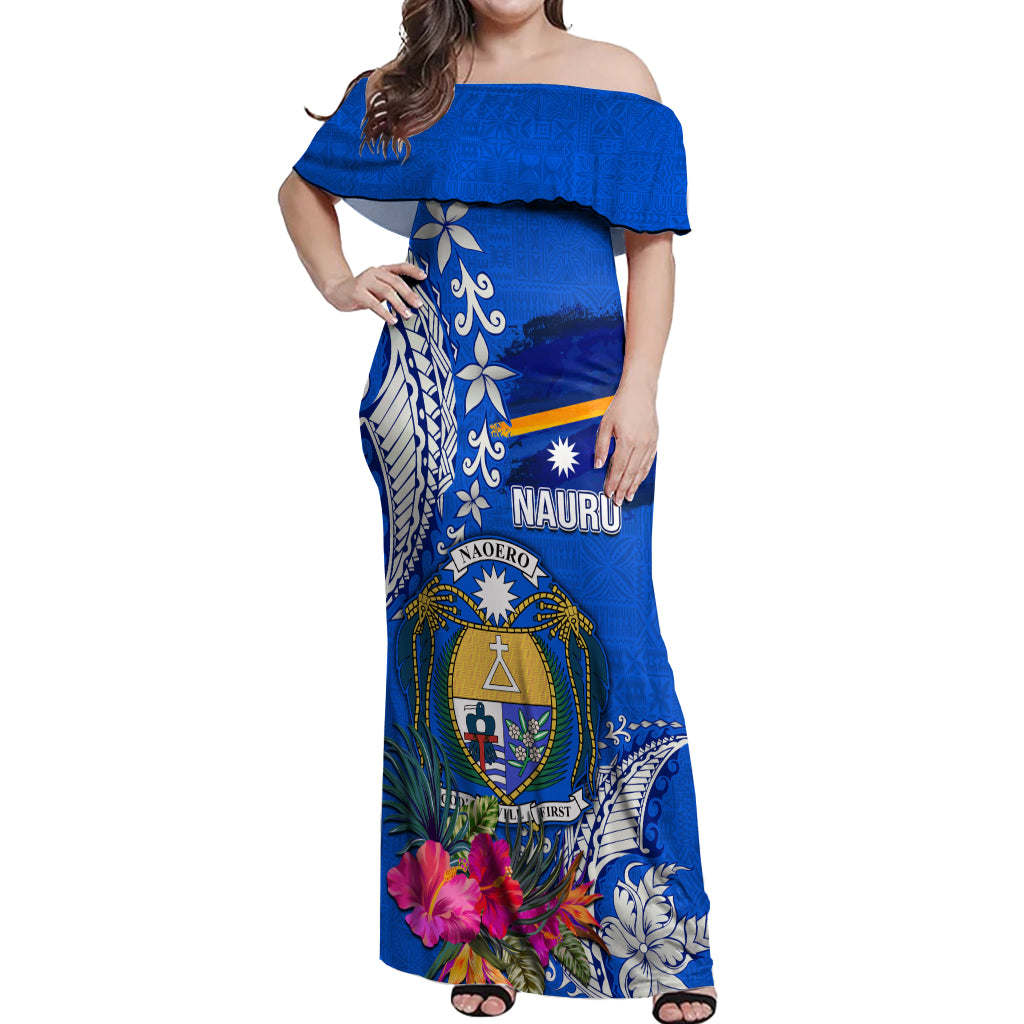 Personalised Nauru Coat of Arms Off Shoulder Maxi Dress Tropical Flower Polynesian Pattern LT03 Women Blue - Polynesian Pride