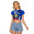 Personalised Nauru Coat of Arms Raglan Cropped T Shirt Tropical Flower Polynesian Pattern LT03 Female Blue - Polynesian Pride
