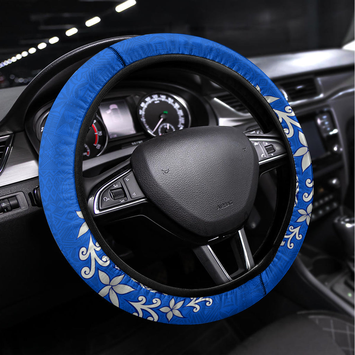 Personalised Nauru Coat of Arms Steering Wheel Cover Tropical Flower Polynesian Pattern LT03 Universal Fit Blue - Polynesian Pride