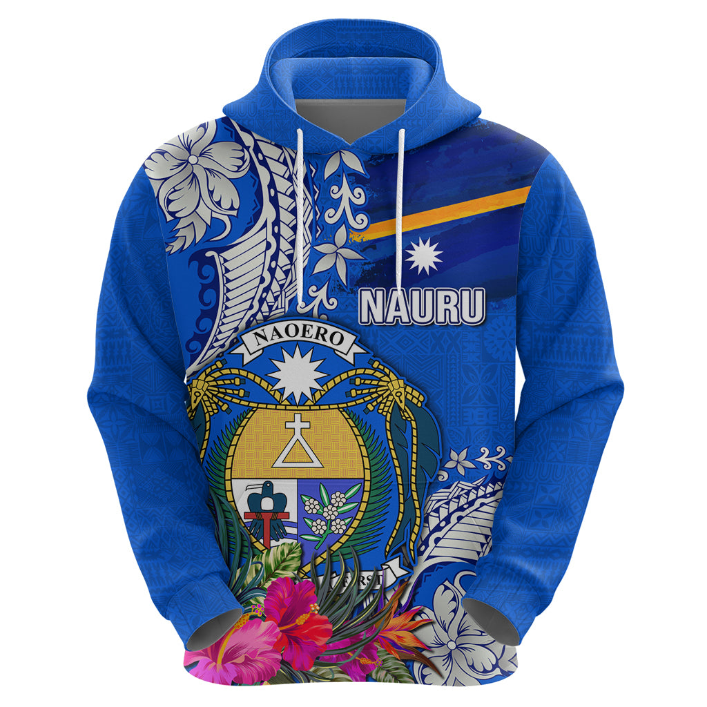 Personalised Nauru Coat of Arms Zip Hoodie Tropical Flower Polynesian Pattern LT03 - Polynesian Pride