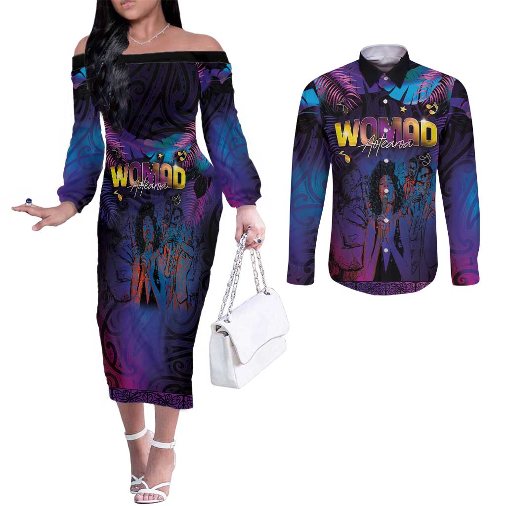 Aotearoa Arts Festival 2025 Couples Matching Off The Shoulder Long Sleeve Dress and Long Sleeve Button Shirt Maori Music Art Dance - Rhythmic Vibes