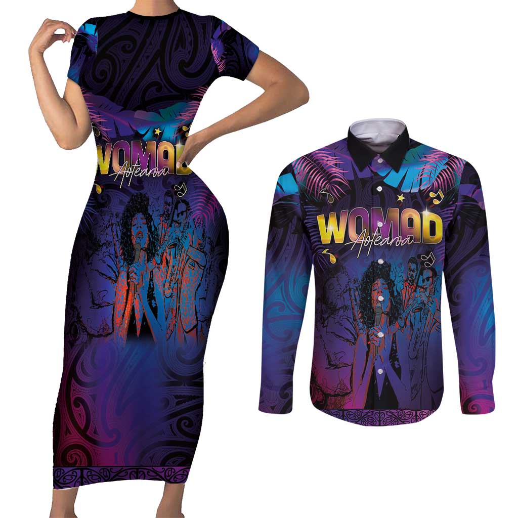 Aotearoa Arts Festival 2025 Couples Matching Short Sleeve Bodycon Dress and Long Sleeve Button Shirt Maori Music Art Dance - Rhythmic Vibes