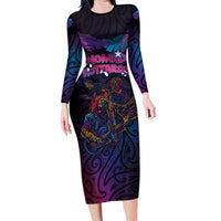 Aotearoa Arts Festival 2025 Long Sleeve Bodycon Dress Maori Performing Art and Music - Rhythmic Vibes LT03 Long Dress Black - Polynesian Pride