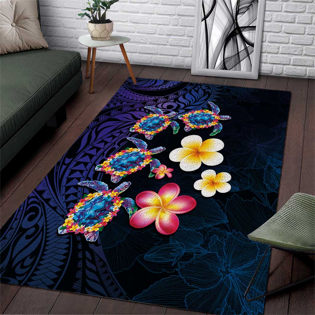 Hawaiian Turtles and Plumeria Area Rug Polynesian Art Tribal Tattoo Dark Aqua Color