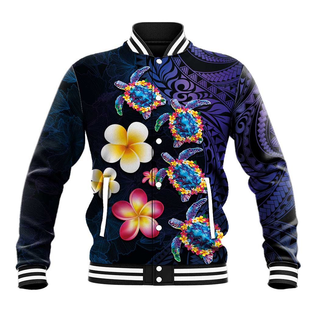 Hawaiian Turtles and Plumeria Baseball Jacket Polynesian Art Tribal Tattoo Dark Aqua Color