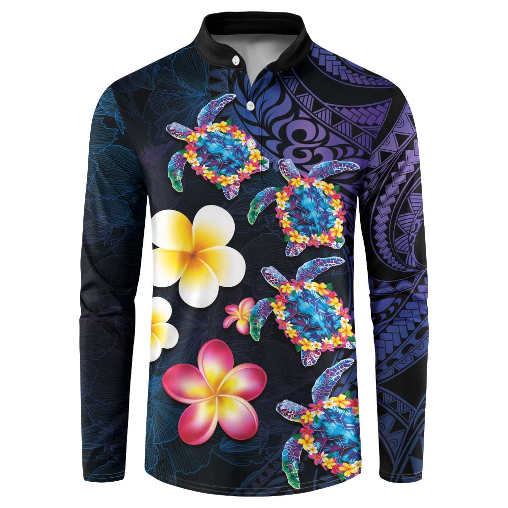 Hawaiian Turtles and Plumeria Button Sweatshirt Polynesian Art Tribal Tattoo Dark Aqua Color