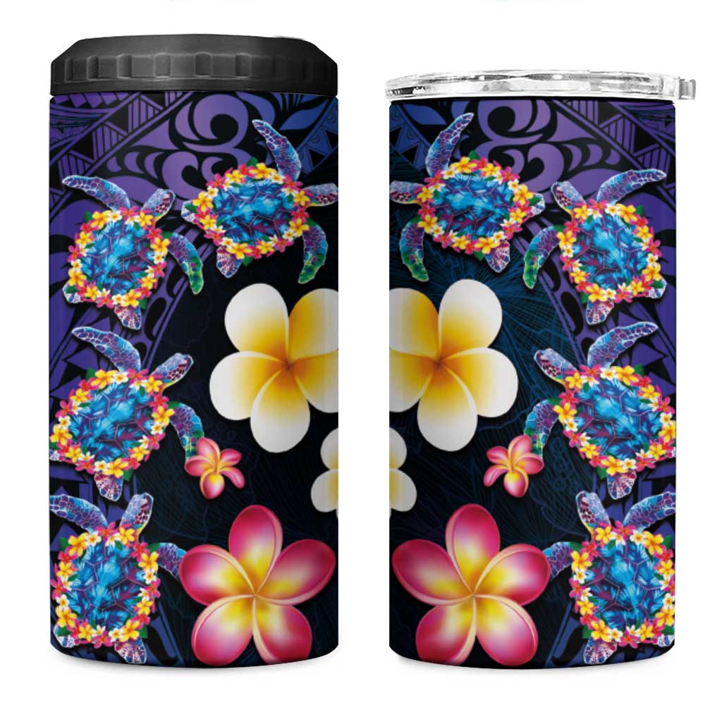 Hawaiian Turtles and Plumeria 4 in 1 Can Cooler Tumbler Polynesian Art Tribal Tattoo Dark Aqua Color