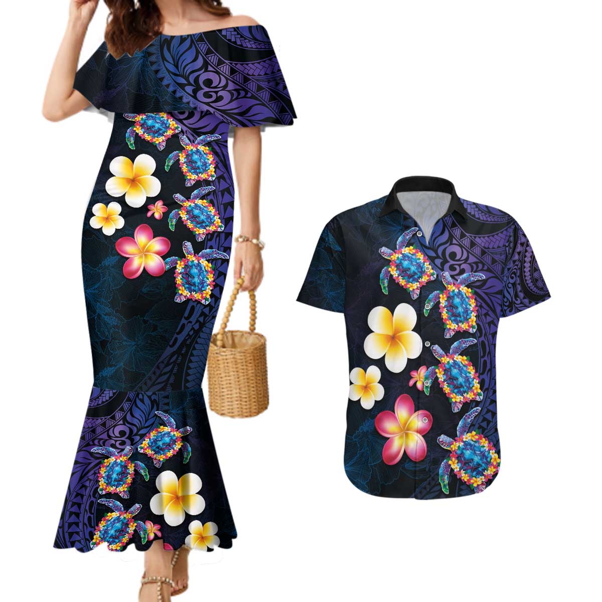 Hawaiian Turtles and Plumeria Couples Matching Mermaid Dress and Hawaiian Shirt Polynesian Art Tribal Tattoo Dark Aqua Color
