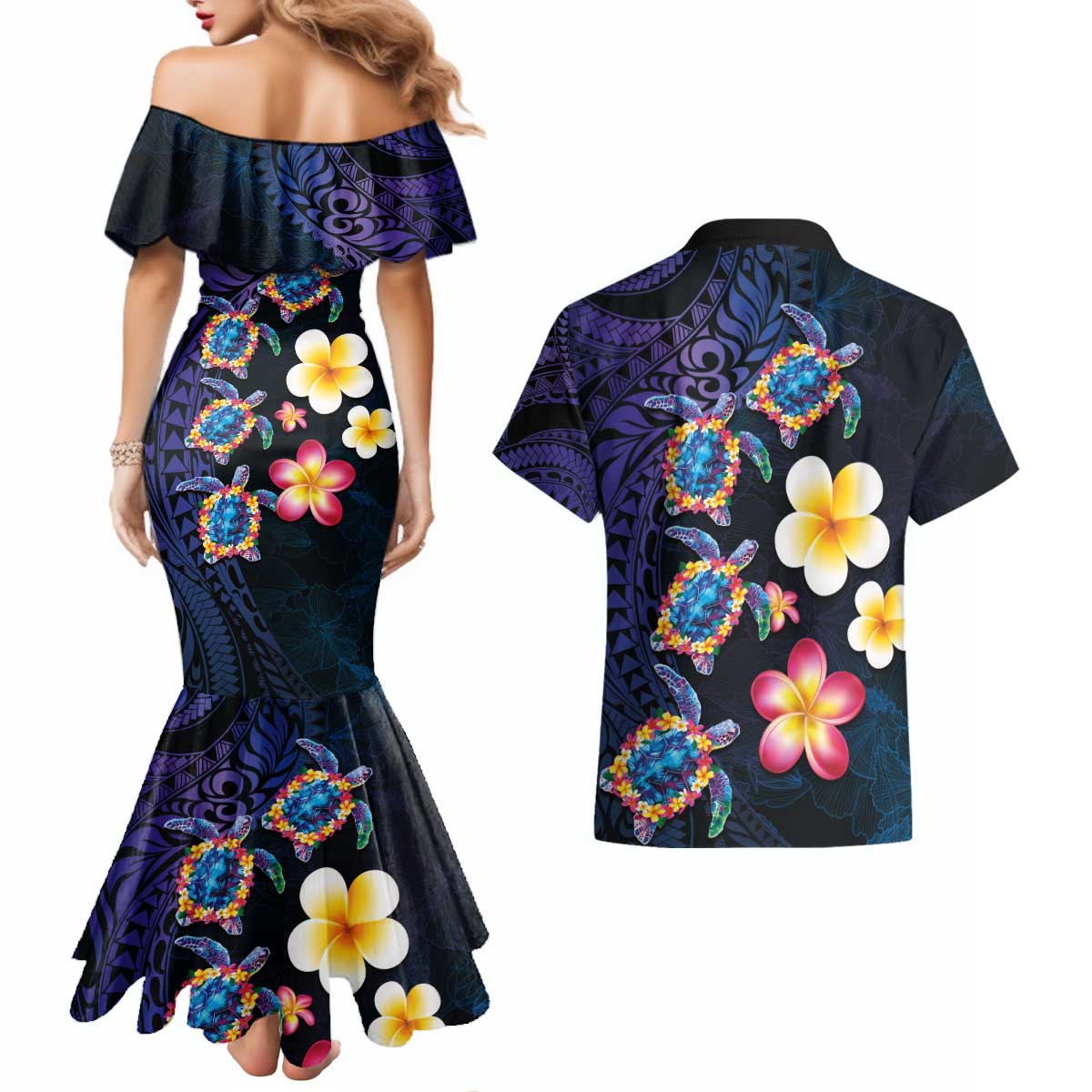Hawaiian Turtles and Plumeria Couples Matching Mermaid Dress and Hawaiian Shirt Polynesian Art Tribal Tattoo Dark Aqua Color