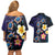 Hawaiian Turtles and Plumeria Couples Matching Off Shoulder Short Dress and Hawaiian Shirt Polynesian Art Tribal Tattoo Dark Aqua Color