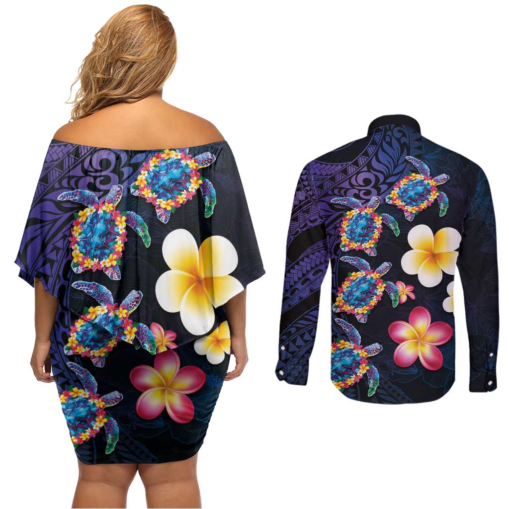 Hawaiian Turtles and Plumeria Couples Matching Off Shoulder Short Dress and Long Sleeve Button Shirt Polynesian Art Tribal Tattoo Dark Aqua Color
