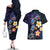 Hawaiian Turtles and Plumeria Couples Matching Off The Shoulder Long Sleeve Dress and Hawaiian Shirt Polynesian Art Tribal Tattoo Dark Aqua Color