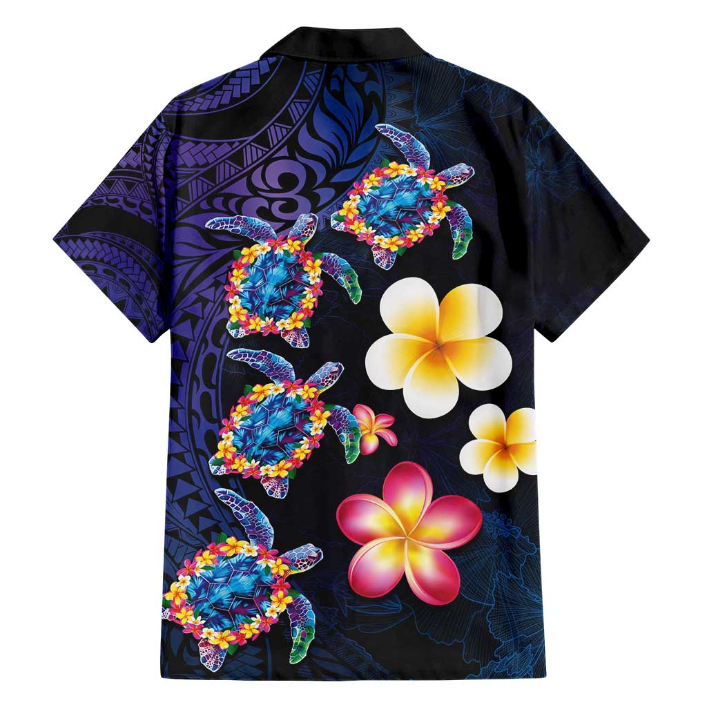 Hawaiian Turtles and Plumeria Hawaiian Shirt Polynesian Art Tribal Tattoo Dark Aqua Color