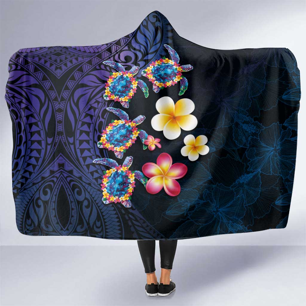 Hawaiian Turtles and Plumeria Hooded Blanket Polynesian Art Tribal Tattoo Dark Aqua Color