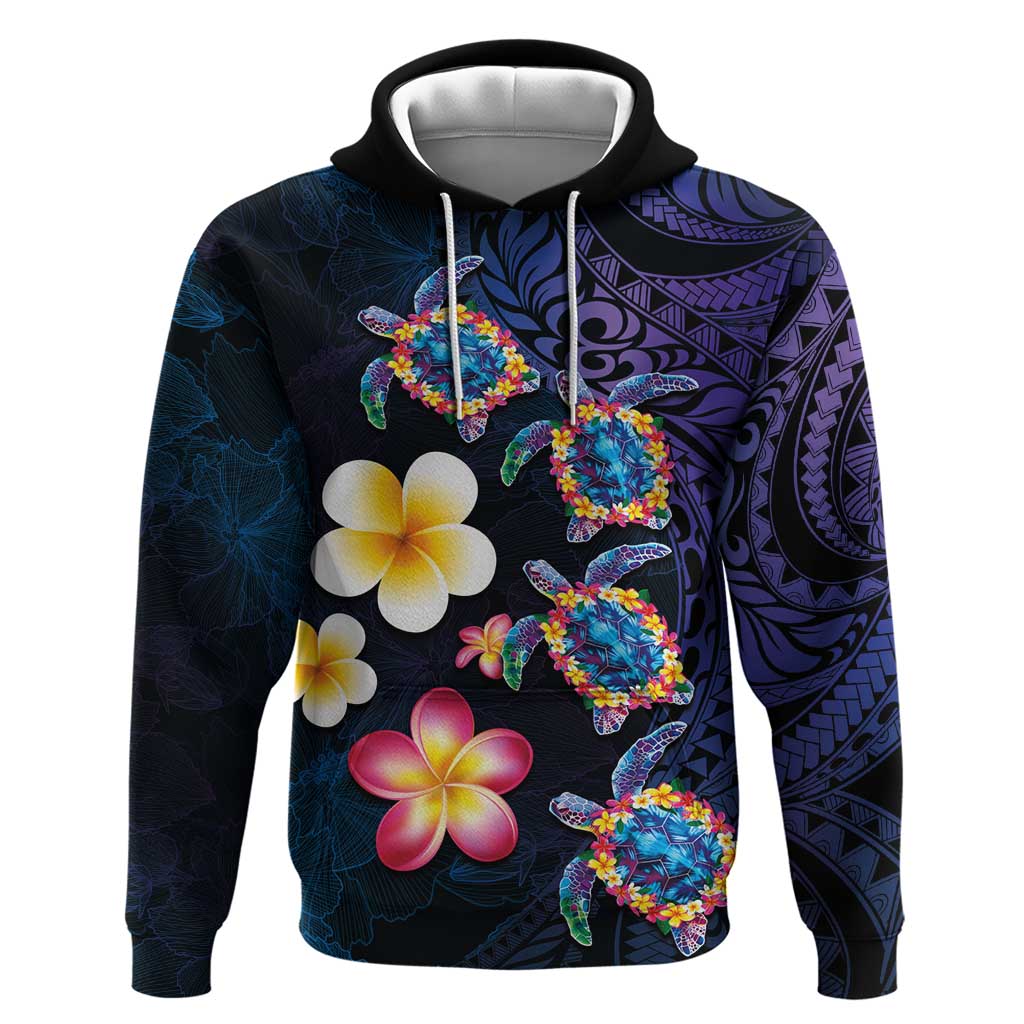 Hawaiian Turtles and Plumeria Hoodie Polynesian Art Tribal Tattoo Dark Aqua Color