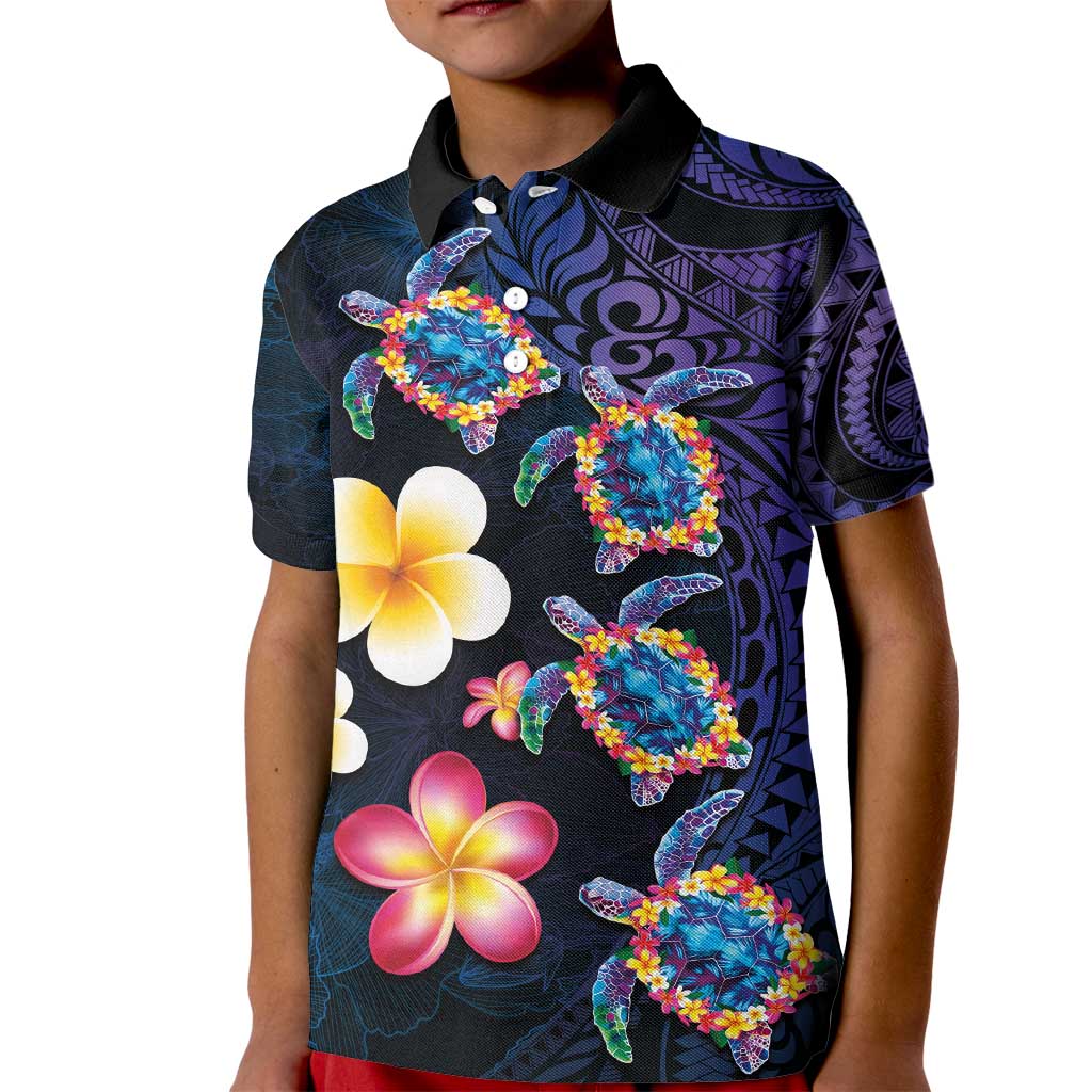 Hawaiian Turtles and Plumeria Kid Polo Shirt Polynesian Art Tribal Tattoo Dark Aqua Color LT03 Kid Blue - Polynesian Pride