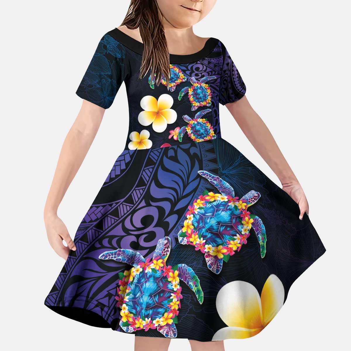 Hawaiian Turtles and Plumeria Kid Short Sleeve Dress Polynesian Art Tribal Tattoo Dark Aqua Color