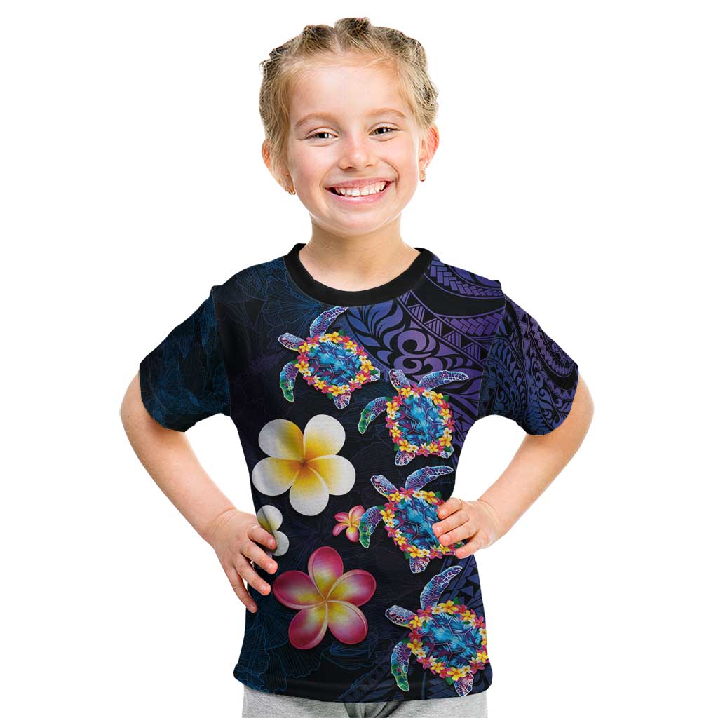 Hawaiian Turtles and Plumeria Kid T Shirt Polynesian Art Tribal Tattoo Dark Aqua Color