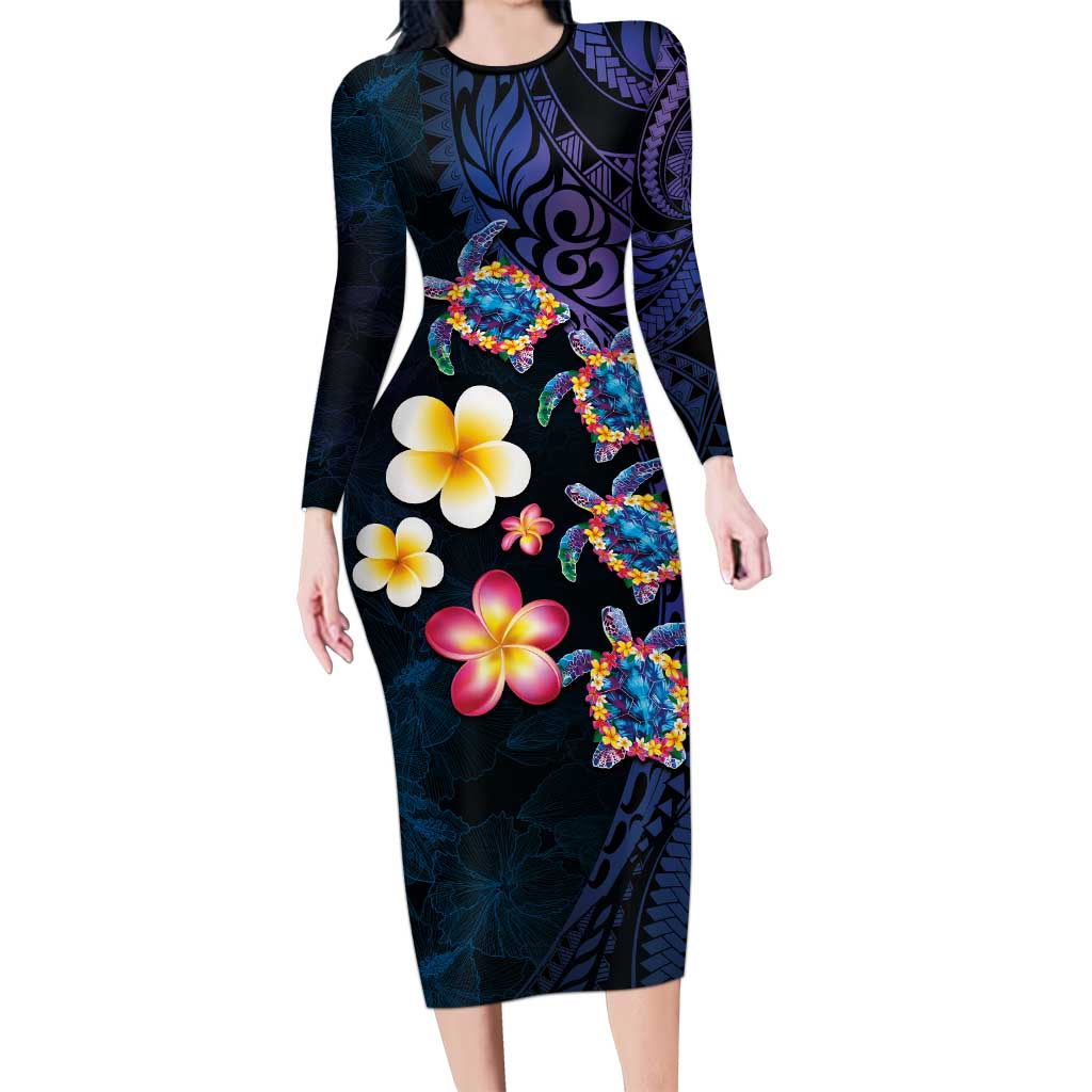 Hawaiian Turtles and Plumeria Long Sleeve Bodycon Dress Polynesian Art Tribal Tattoo Dark Aqua Color LT03 Long Dress Blue - Polynesian Pride