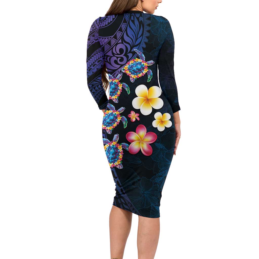 Hawaiian Turtles and Plumeria Long Sleeve Bodycon Dress Polynesian Art Tribal Tattoo Dark Aqua Color LT03 - Polynesian Pride
