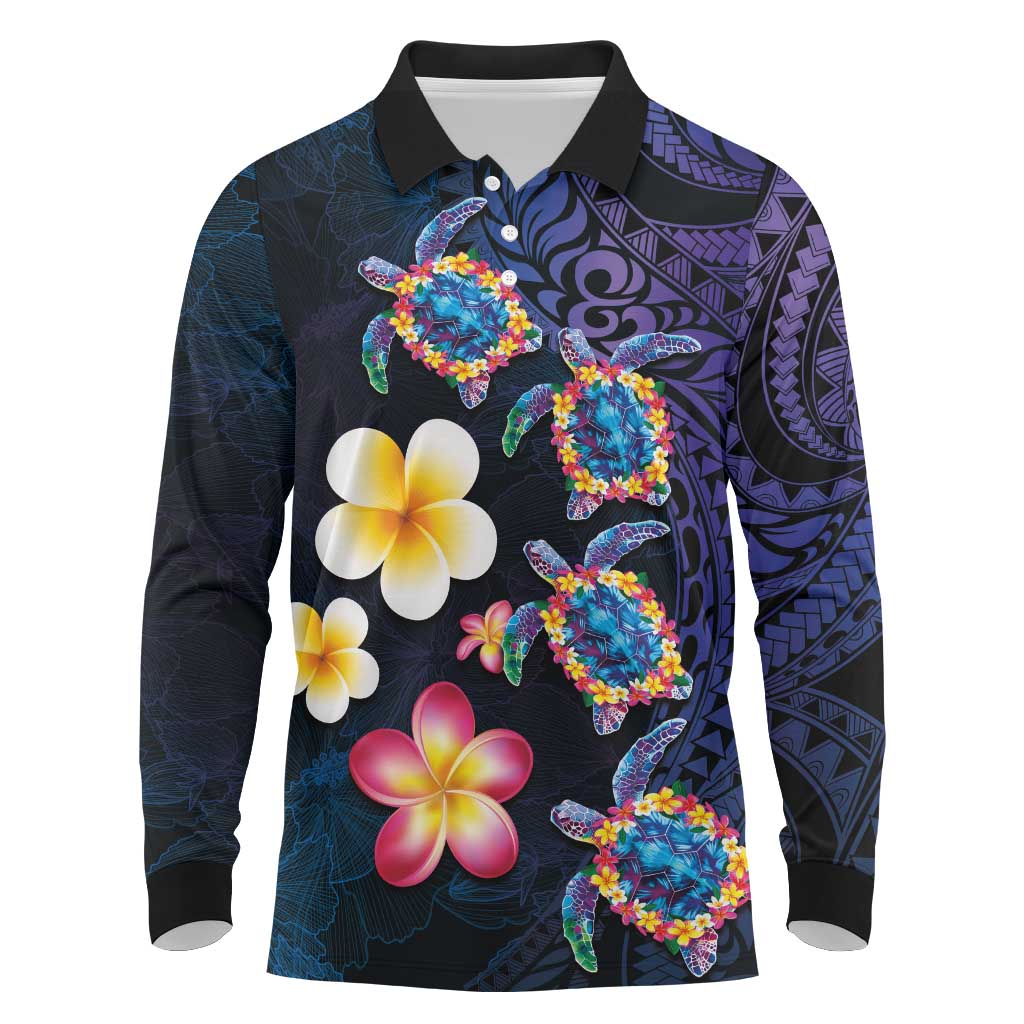 Hawaiian Turtles and Plumeria Long Sleeve Polo Shirt Polynesian Art Tribal Tattoo Dark Aqua Color