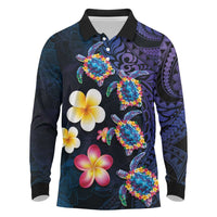 Hawaiian Turtles and Plumeria Long Sleeve Polo Shirt Polynesian Art Tribal Tattoo Dark Aqua Color LT03 Blue - Polynesian Pride