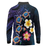Hawaiian Turtles and Plumeria Long Sleeve Polo Shirt Polynesian Art Tribal Tattoo Dark Aqua Color LT03 - Polynesian Pride