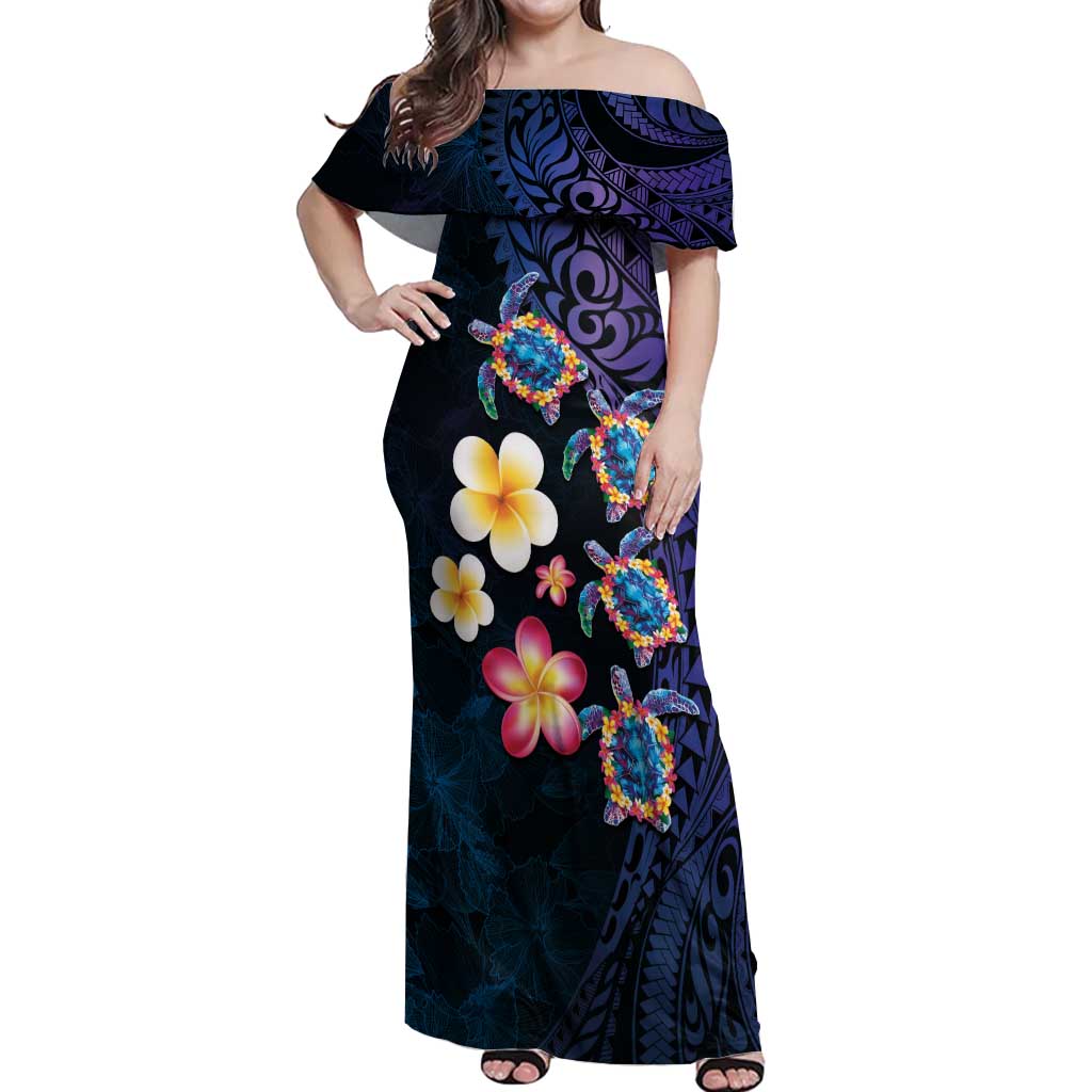 Hawaiian Turtles and Plumeria Off Shoulder Maxi Dress Polynesian Art Tribal Tattoo Dark Aqua Color LT03 Women Blue - Polynesian Pride