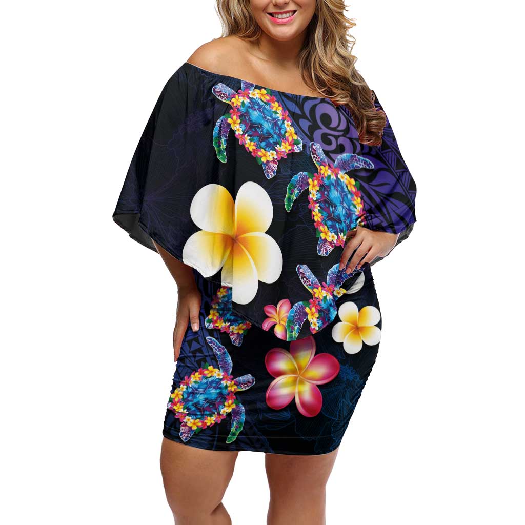 Hawaiian Turtles and Plumeria Off Shoulder Short Dress Polynesian Art Tribal Tattoo Dark Aqua Color