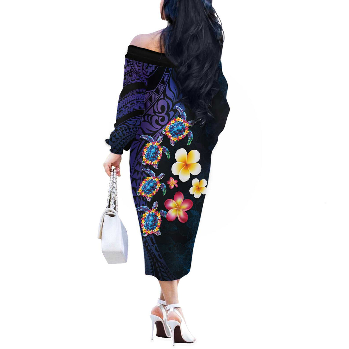 Hawaiian Turtles and Plumeria Off The Shoulder Long Sleeve Dress Polynesian Art Tribal Tattoo Dark Aqua Color LT03 - Polynesian Pride