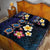 Hawaiian Turtles and Plumeria Quilt Bed Set Polynesian Art Tribal Tattoo Dark Aqua Color