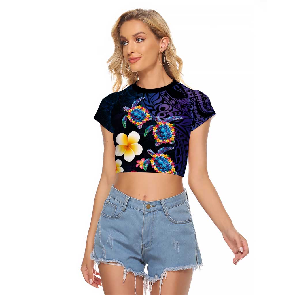 Hawaiian Turtles and Plumeria Raglan Cropped T Shirt Polynesian Art Tribal Tattoo Dark Aqua Color