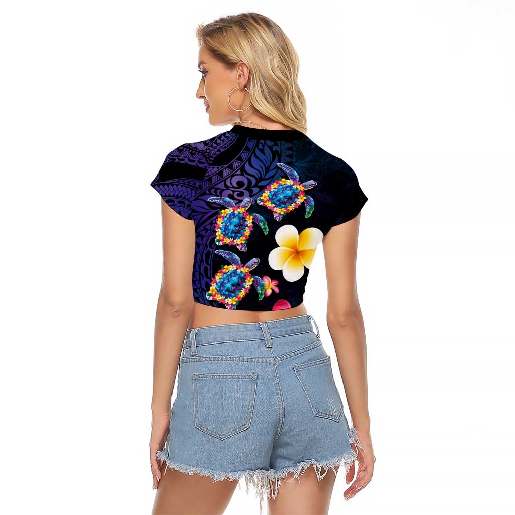 Hawaiian Turtles and Plumeria Raglan Cropped T Shirt Polynesian Art Tribal Tattoo Dark Aqua Color LT03 - Polynesian Pride