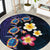 Hawaiian Turtles and Plumeria Round Carpet Polynesian Art Tribal Tattoo Dark Aqua Color