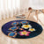 Hawaiian Turtles and Plumeria Round Carpet Polynesian Art Tribal Tattoo Dark Aqua Color